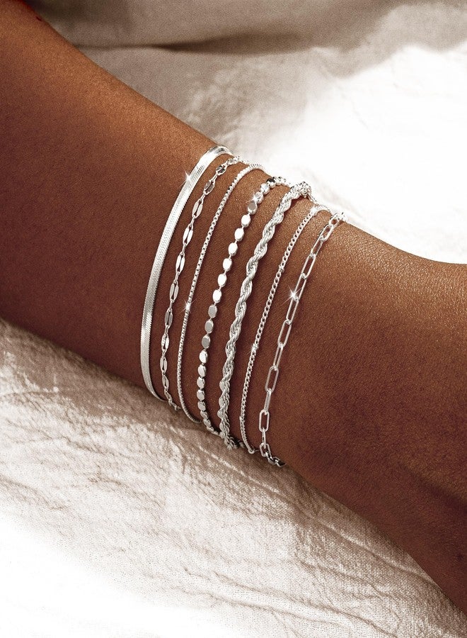 Kyerlyn Silver Bracelets for Women Trendy Waterproof Silver Dainty Bracelet Stack Adjustable Layered Bracelet Set Minimalist Fashion Jewelry - Image 2